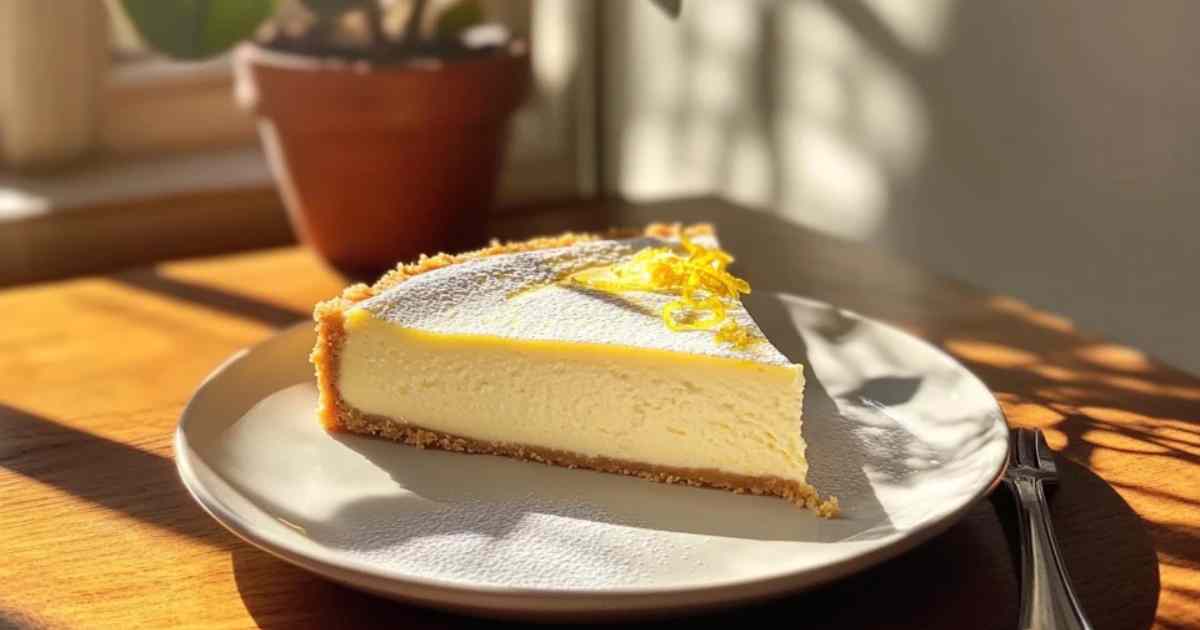 Romige citroencheesecake versierd met poedersuiker en citroenrasp