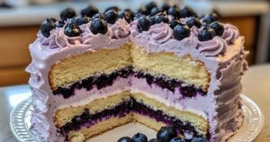 Gesneden bosbessentaart met room en verse bosbessen