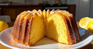 Gesneden zitroencake met glazuur en verse citroenplakjes