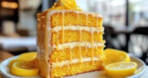 Verse citroencake met glazuur op een witte serveerschaal