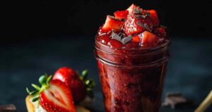 Pot met verse chocolade aardbeienjam op houten tafel