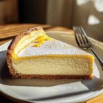 Snijden van de citroencheesecake met zichtbare romige structuur