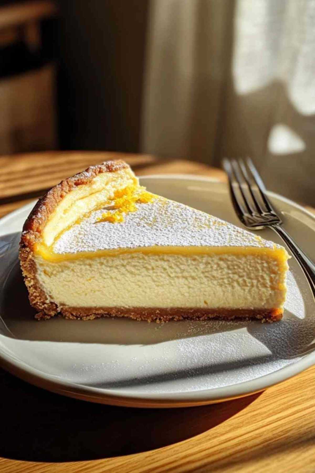 Snijden van de citroencheesecake met zichtbare romige structuur