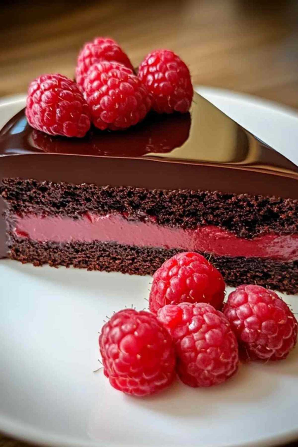 Eindresultaat van de afgewerkte chocolade-frambozen truffeltaart versierd met verse frambozen