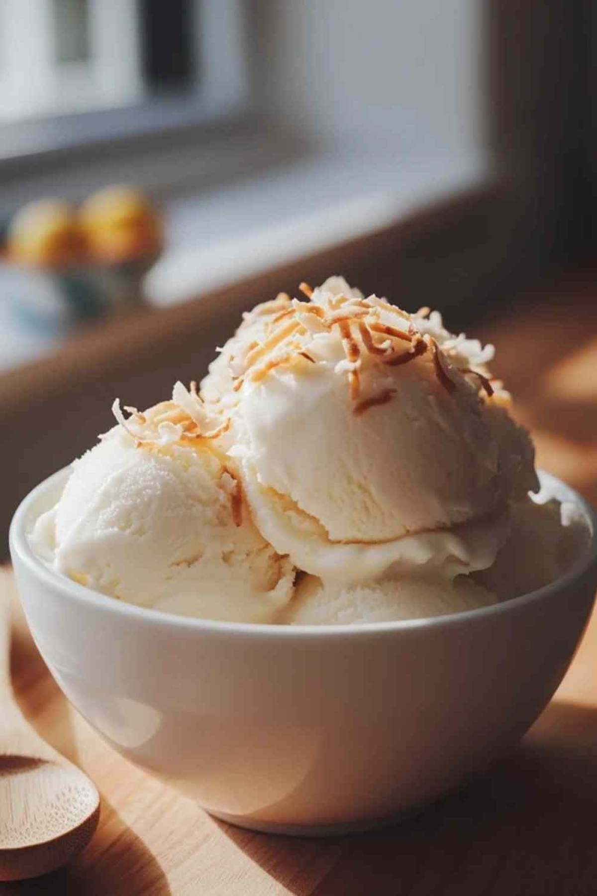 Kokosnootmelk ijs geserveerd met vers fruit