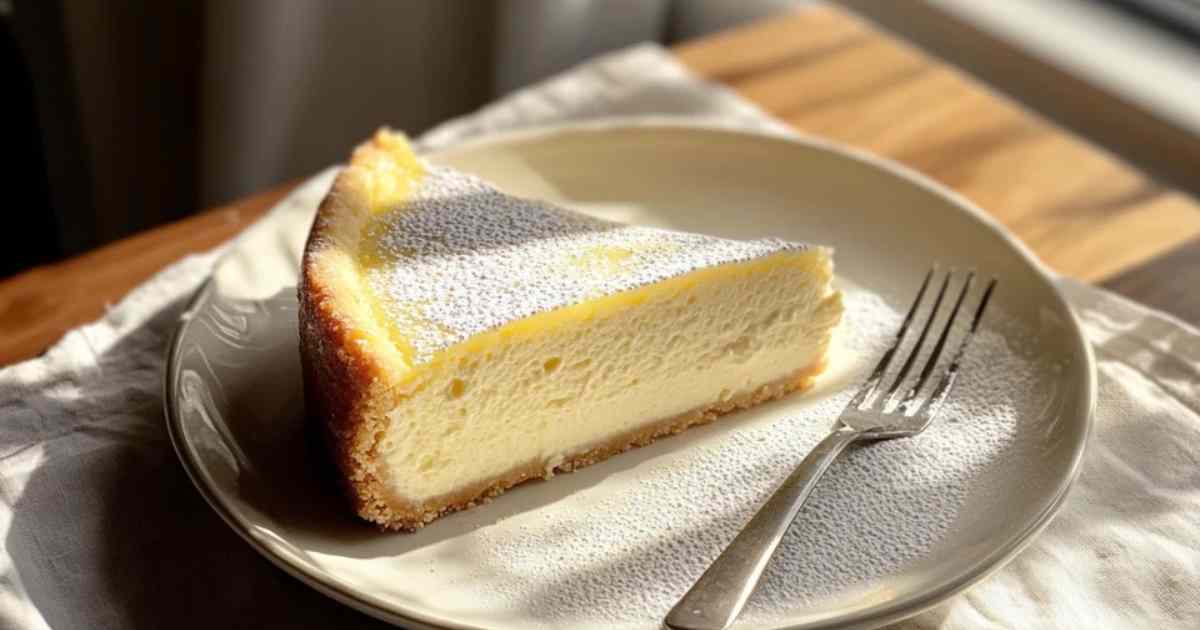 Romige citroencheesecake versierd met poedersuiker en citroenrasp