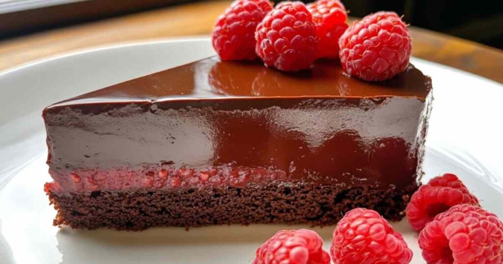 Doorsnede van een chocolade-frambozen truffeltaart met zichtbare laagjes en glanzende ganache