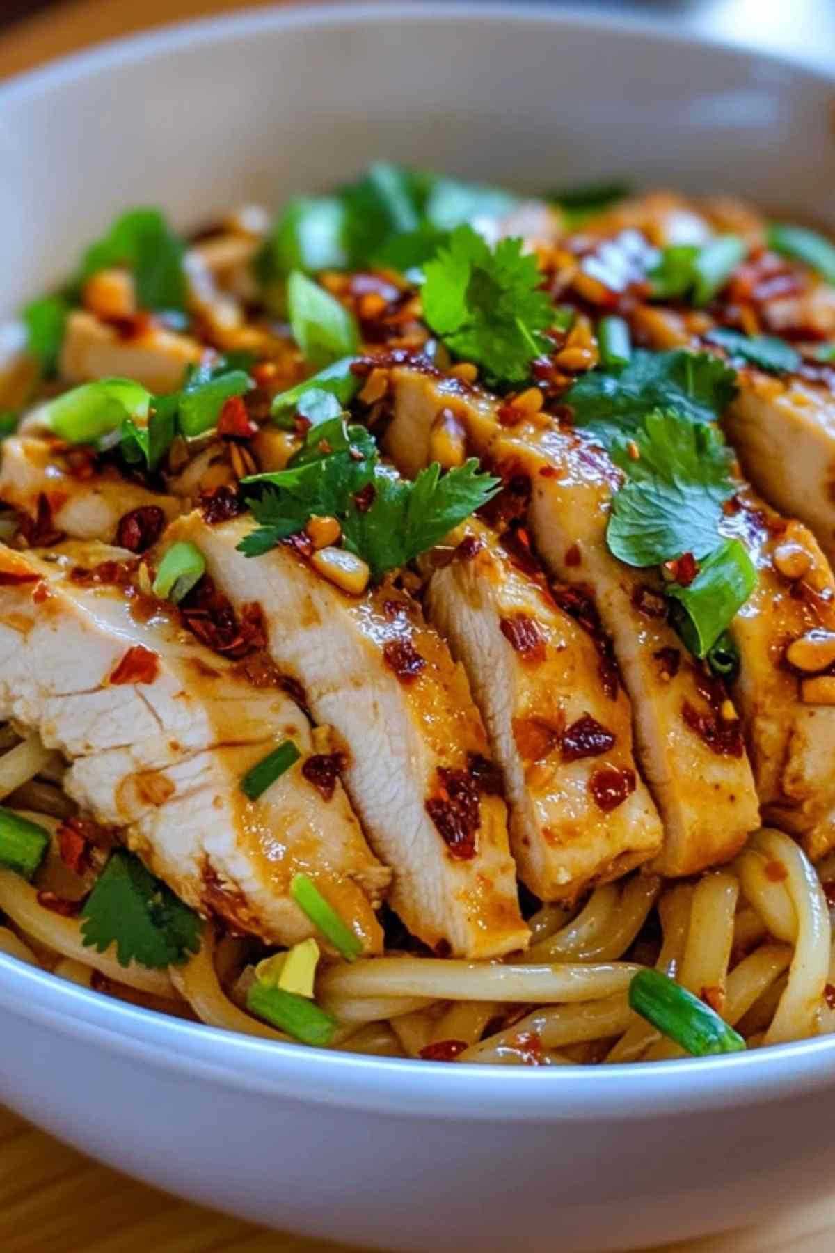 Gekruide knoflook kip noedels in een wok