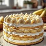 Overheerlijke bananen pudding cake met laagjes romige pudding en verse bananen