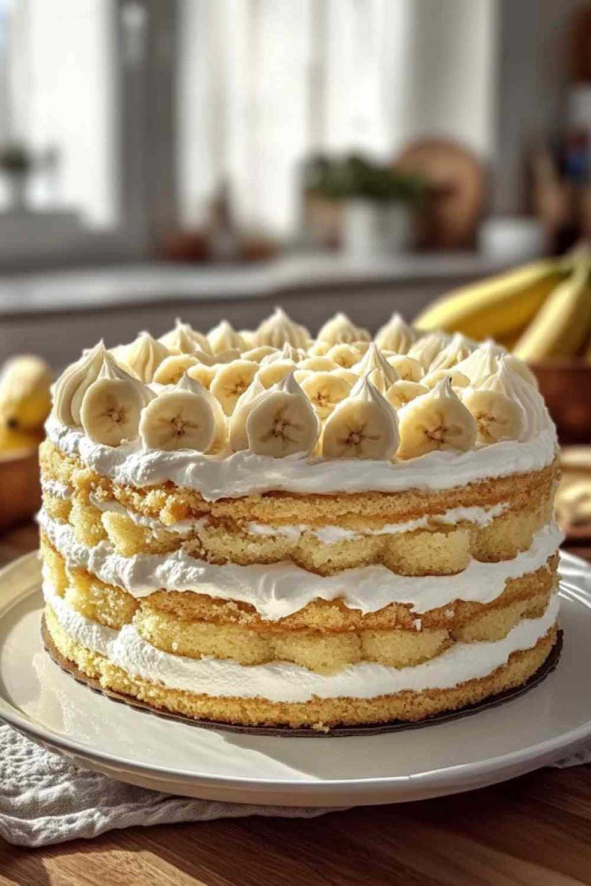 Overheerlijke bananen pudding cake met laagjes romige pudding en verse bananen
