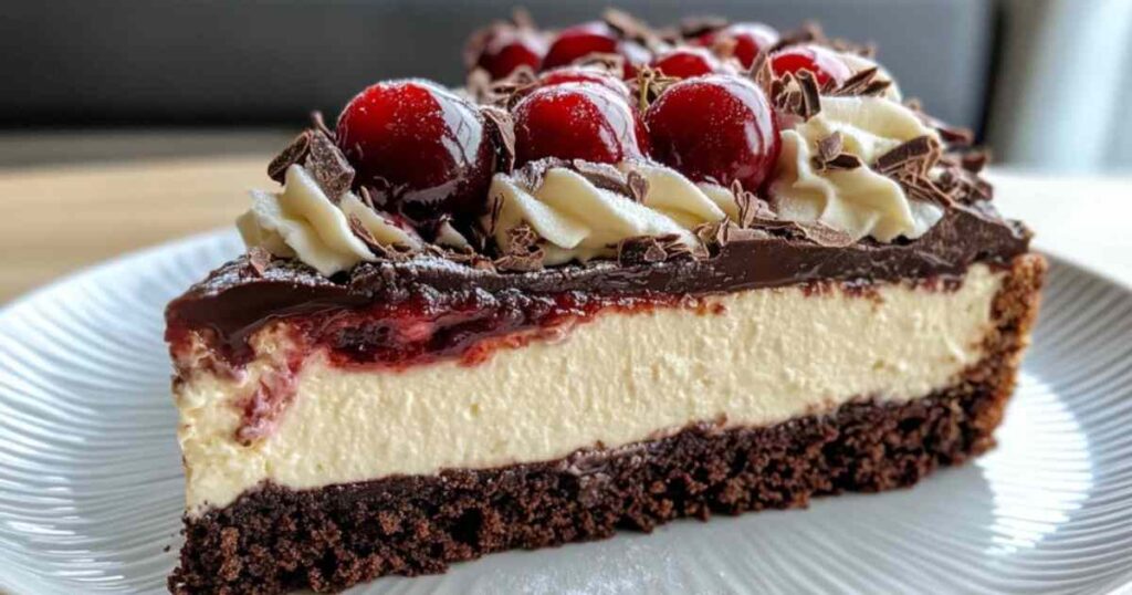 Schwarzwälder Käsekuchen met kersen en slagroom