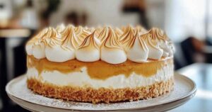 Rabarber-schuimtaart met goudbruine meringue en roodroze rabarber vulling