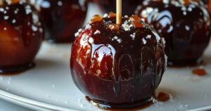 Glanzende zwarte candied appels met decoratie op stokjes