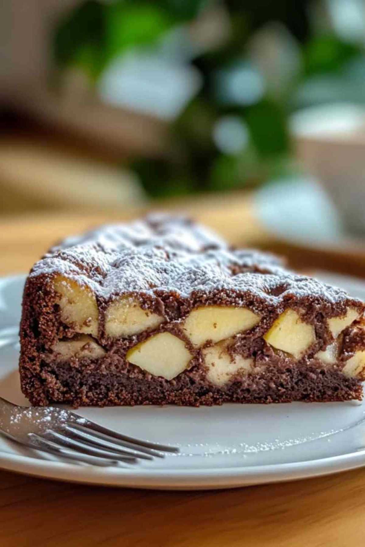 Vers gebakken appel-cacao cake met stukjes appel zichtbaar in de rijke chocoladelaag