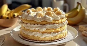 Overheerlijke bananen pudding cake met laagjes romige pudding en verse bananen