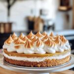 Rabarber-schuimtaart met goudbruine meringue en roodroze rabarber vulling