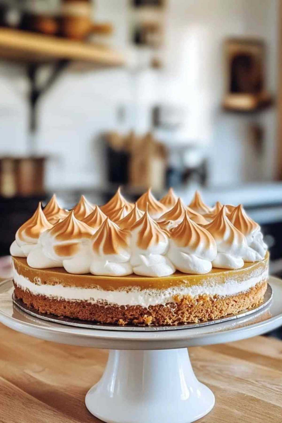 Rabarber-schuimtaart met goudbruine meringue en roodroze rabarber vulling