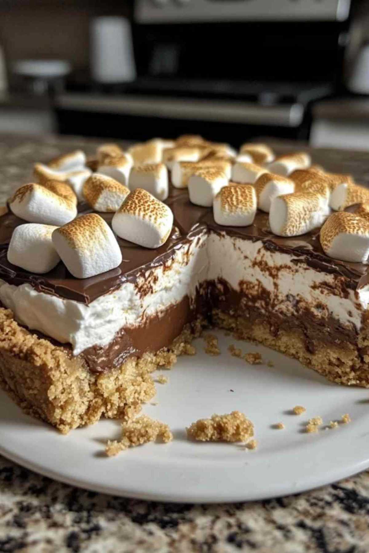 Smores-tarte met goudbruine marshmallows en gesmolten chocolade