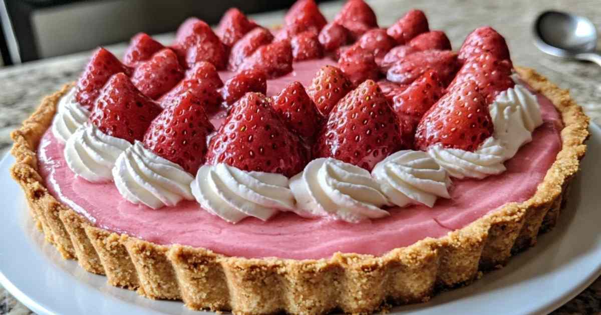 Aardbeien-crème taart met verse aardbeien en slagroom