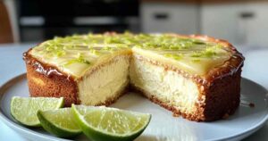 Doorgesneden limoen pound cake toont vochtige textuur