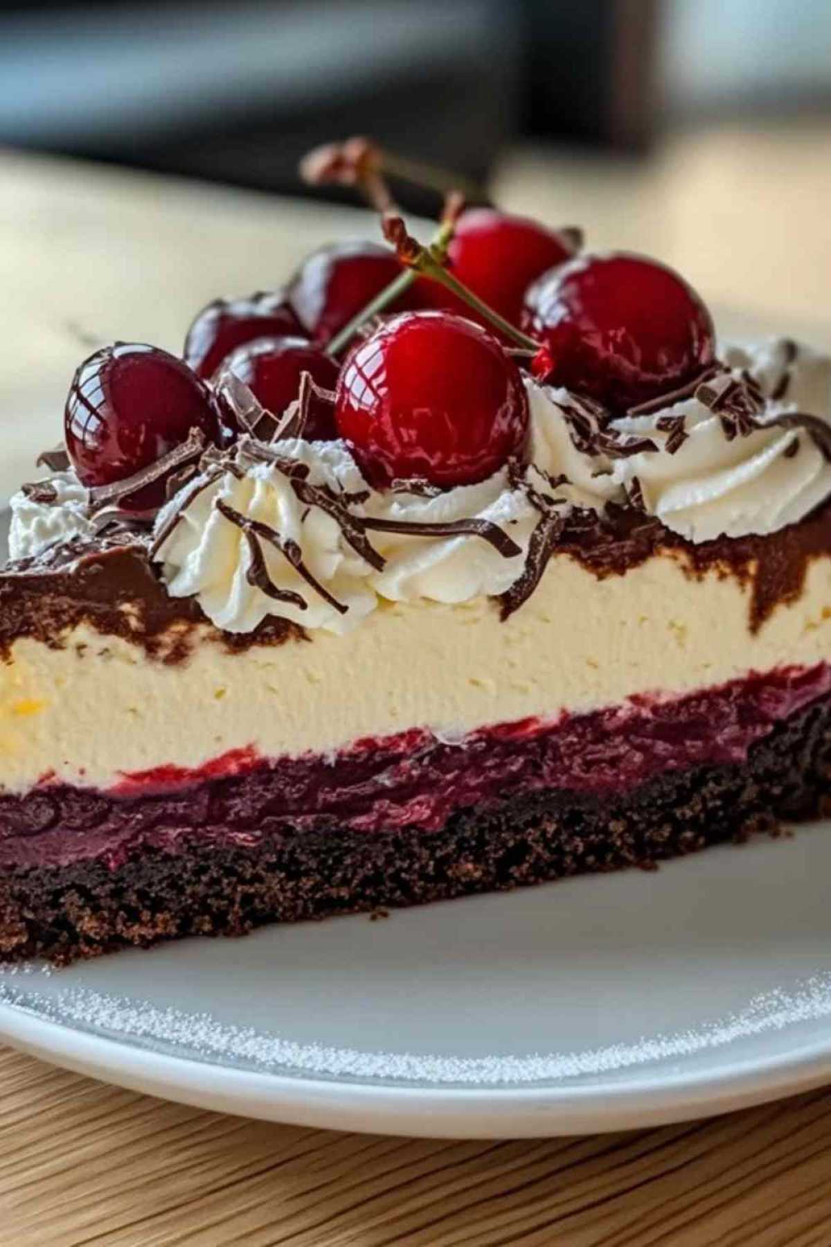 Doorsnede van Schwarzwälder Käsekuchen die alle lagen toont