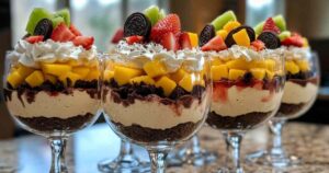 Gelaagde desserts in glas met ijs, cheesecake en trifle varianten