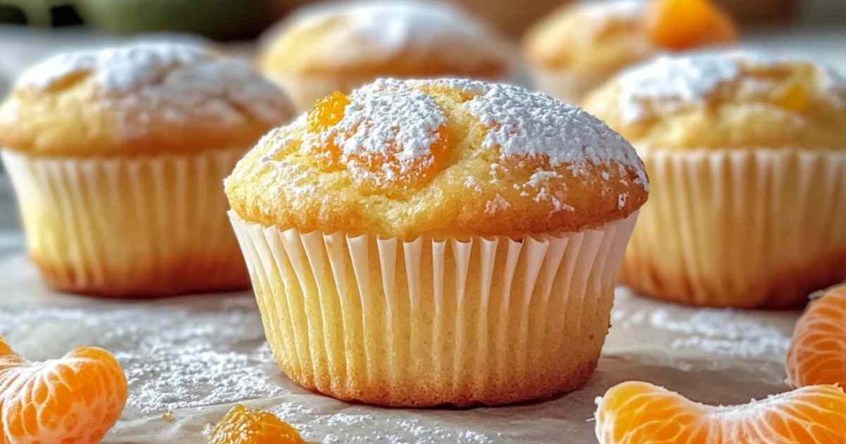 Vers gebakken kwarkkoek muffins met mandarijnen bestrooid met poedersuiker