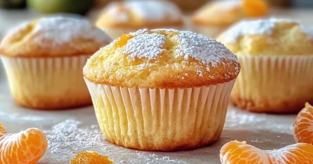 Vers gebakken kwarkkoek muffins met mandarijnen bestrooid met poedersuiker