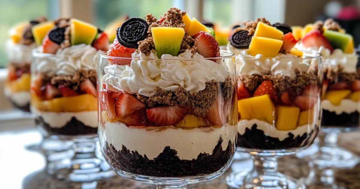 Gelaagde desserts in glas met ijs, cheesecake en trifle varianten