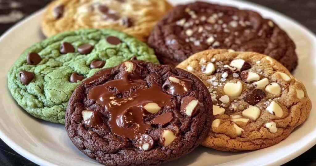 Vers gebakken Levain cookies in vier smaken op een houten dienblad