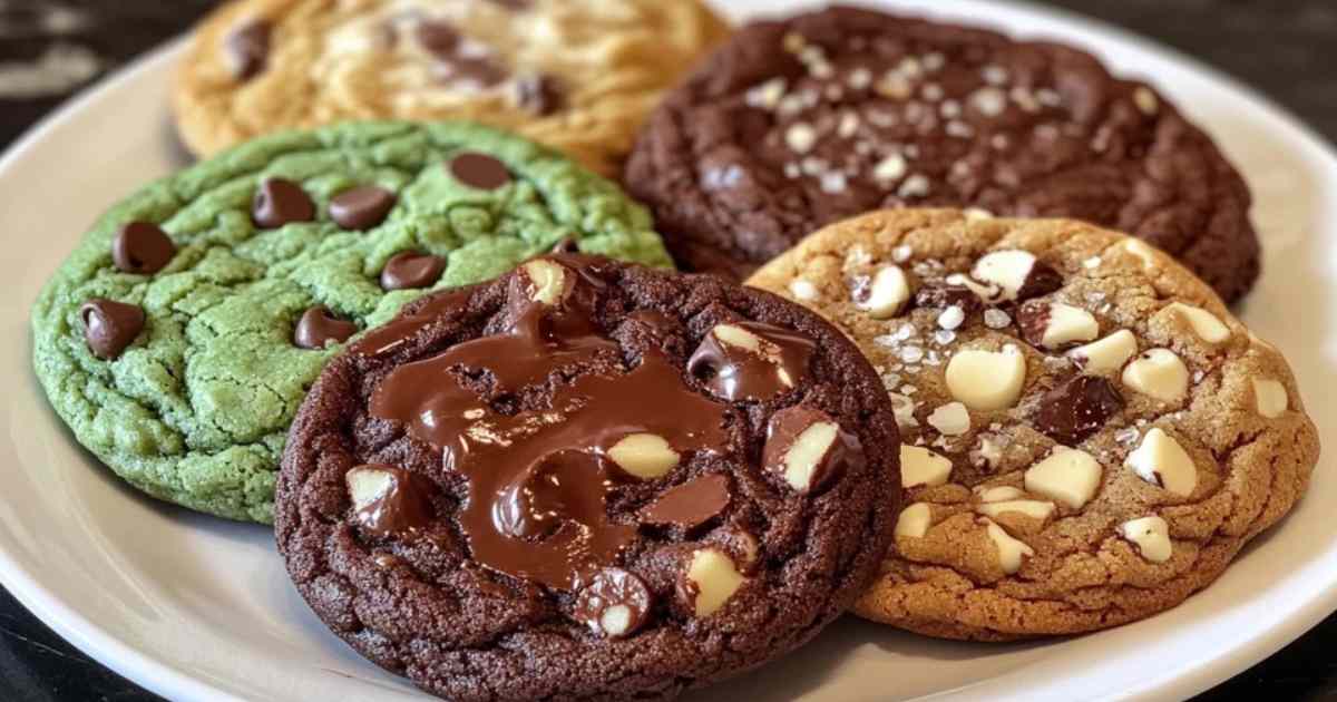 Vers gebakken Levain cookies in vier smaken op een houten dienblad