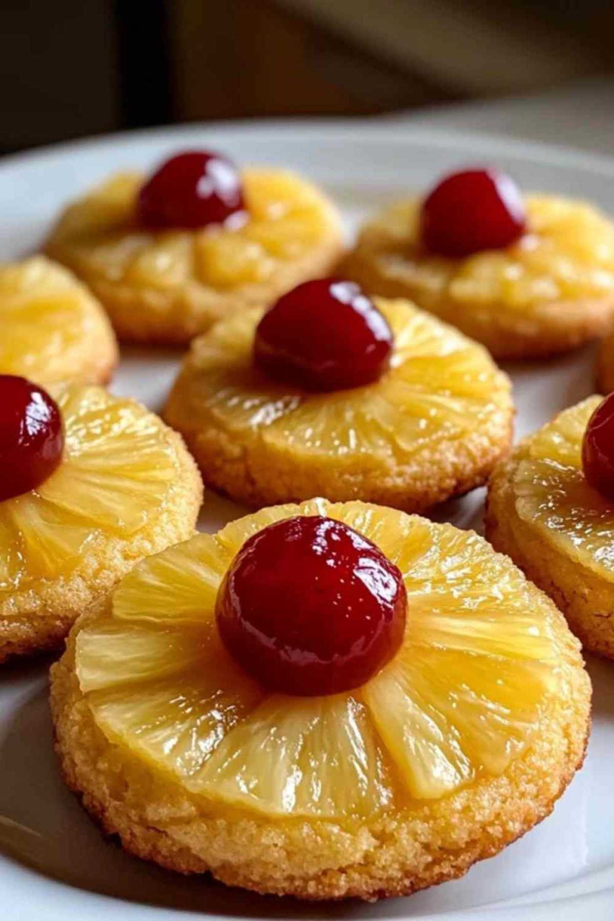  Versgebakken omgekeerde ananas-koekjes met glanzende maraschino kersen