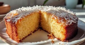 Romig kokos-koudgebak met knapperige kokosvlokken