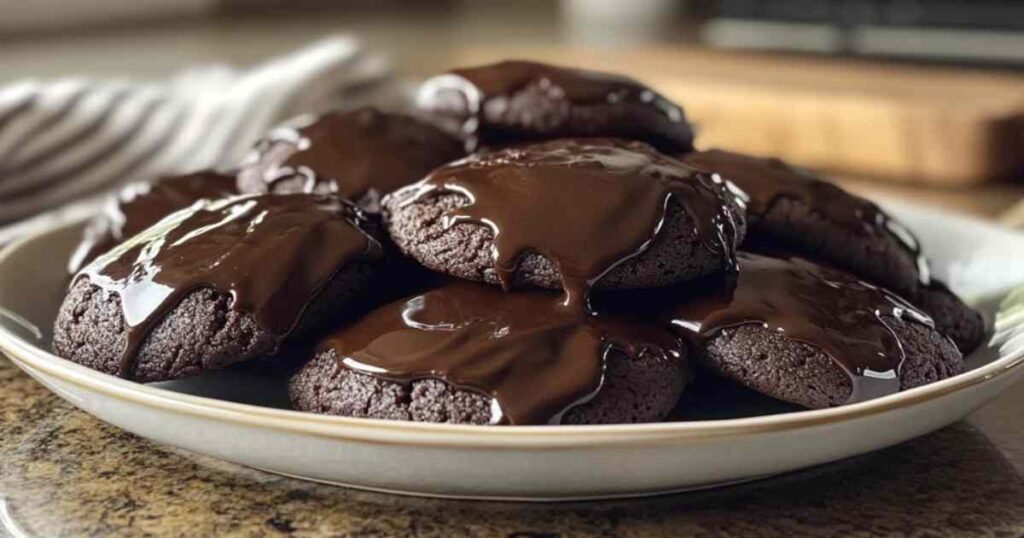 Verse gebakken Texaanse chocoladetaart koekjes met glanzende chocoladeglazuur op een wit serveerbord