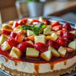 Fruitige kwarktaart met aardbeien en appel geserveerd in glazen schaal