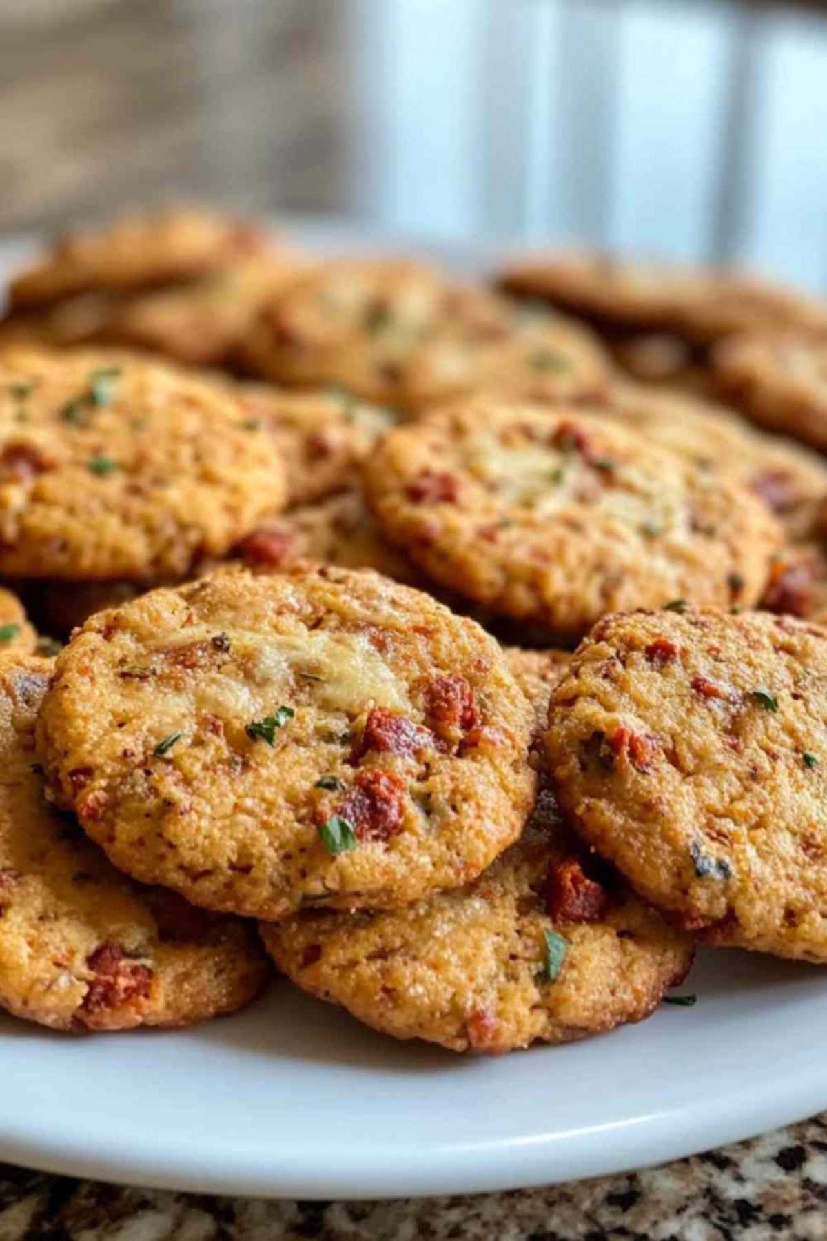 Versgebakken chorizo-parmesan koekjes op een rustieke bakplaat