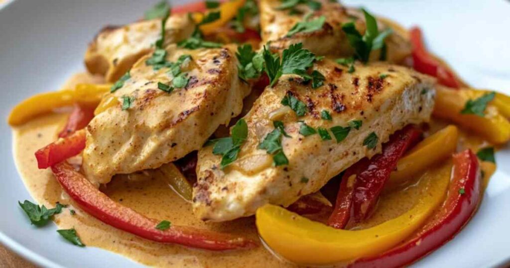 Romige paprika kip in een pan met rode en gele paprikareepjes