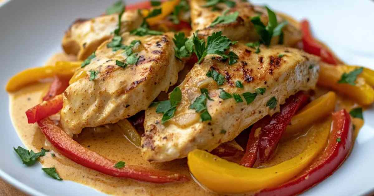 Romige paprika kip in een pan met rode en gele paprikareepjes