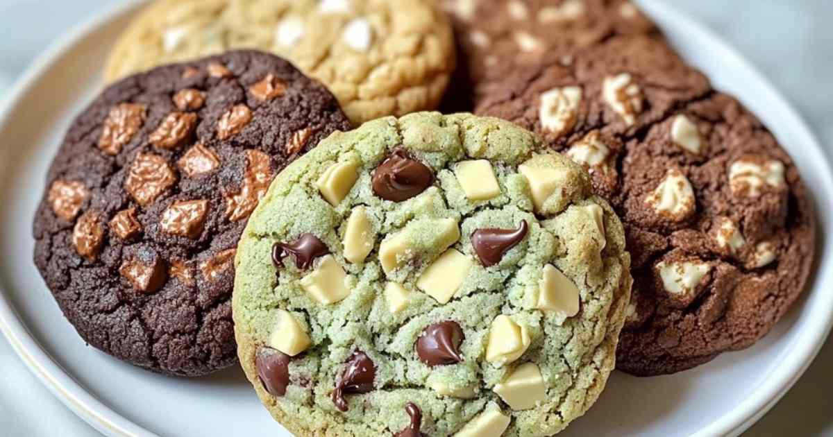 Vers gebakken Levain cookies in vier smaken op een houten dienblad