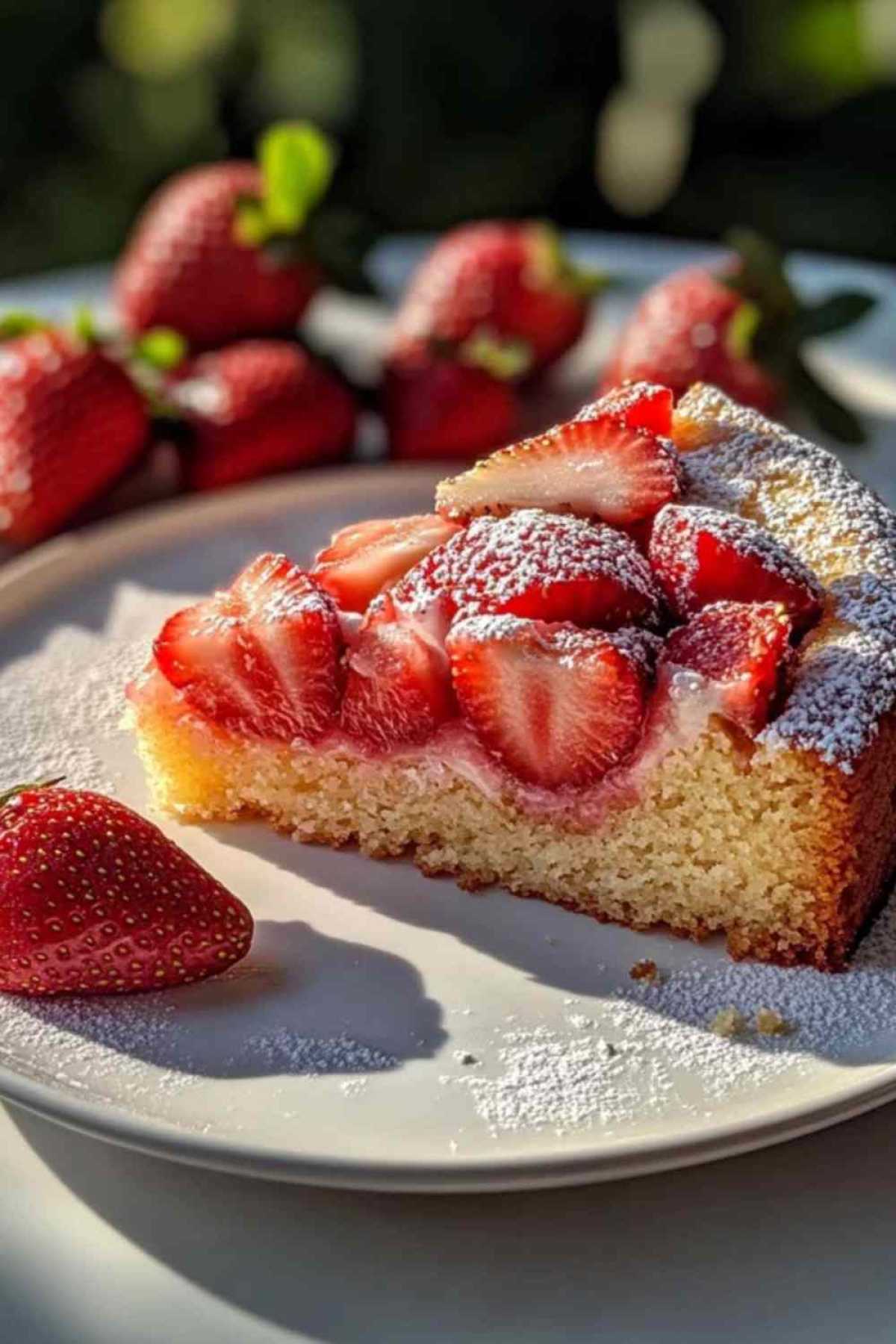 Verse aardbeiencake met glanzende glazuur op een witte serveerschaal