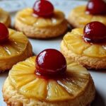 Versgebakken omgekeerde ananas-koekjes met glanzende maraschino kersen