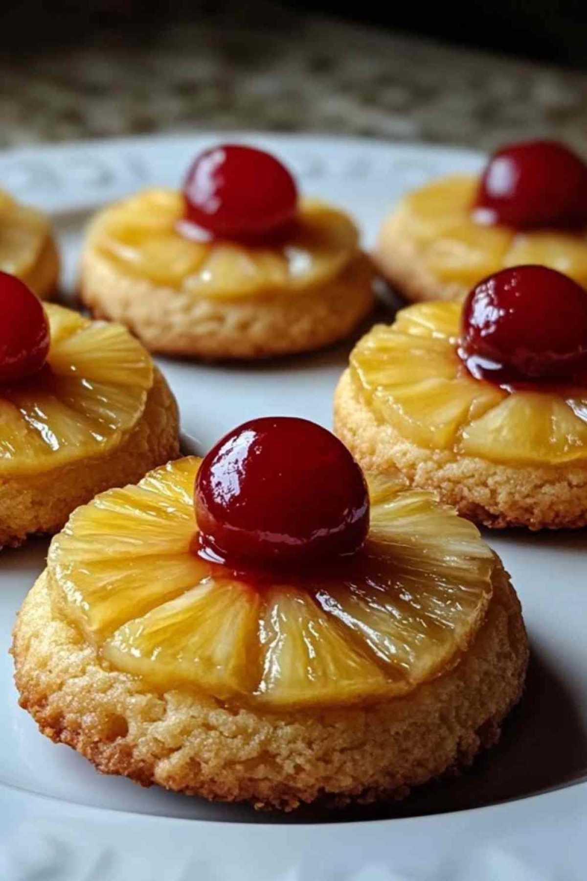  Versgebakken omgekeerde ananas-koekjes met glanzende maraschino kersen