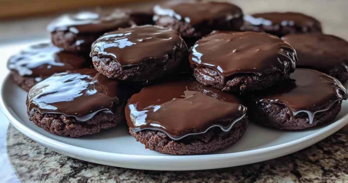 Verse gebakken Texaanse chocoladetaart koekjes met glanzende chocoladeglazuur op een wit serveerbord