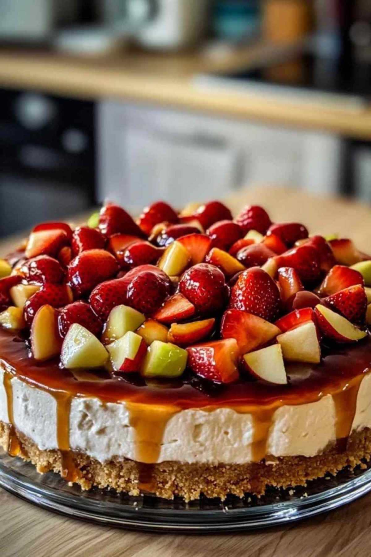Fruitige kwarktaart met aardbeien en appel geserveerd in glazen schaal