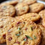 Versgebakken chorizo-parmesan koekjes op een rustieke bakplaat