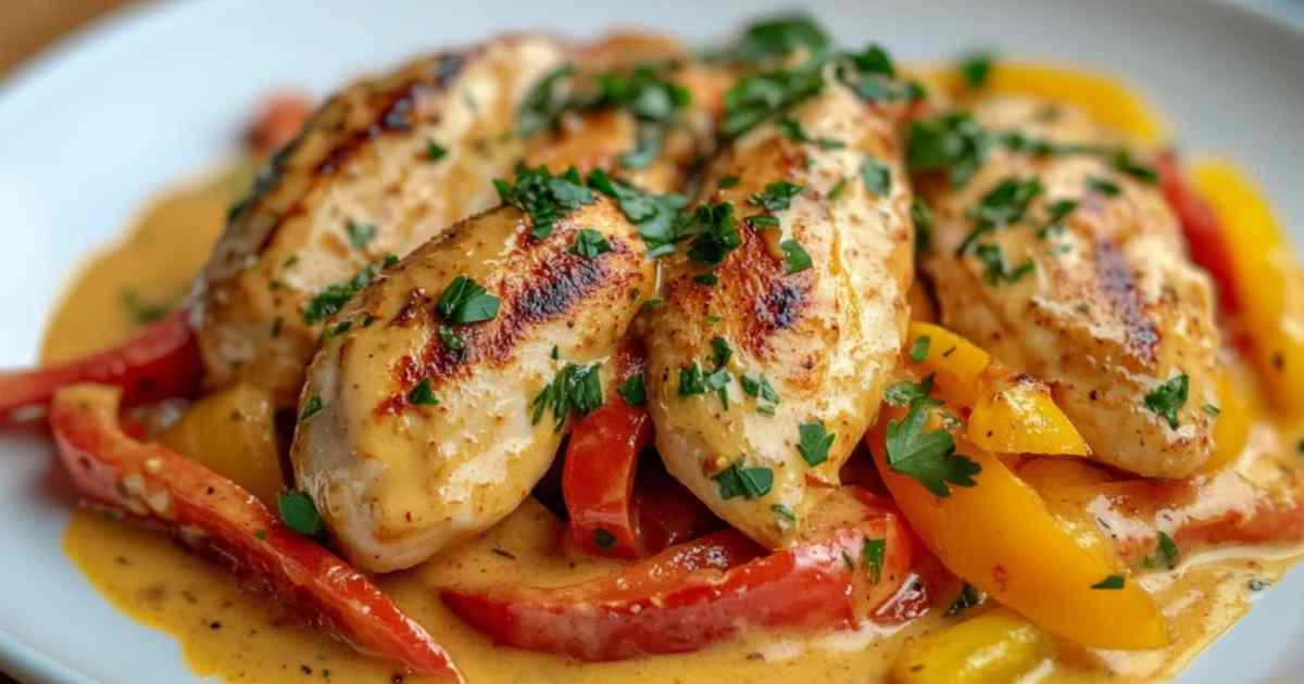 Romige paprika kip in een pan met rode en gele paprikareepjes
