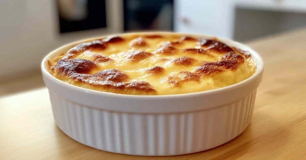 Oudduitse broodpudding met vanillesaus geserveerd in een vintage schaaltje