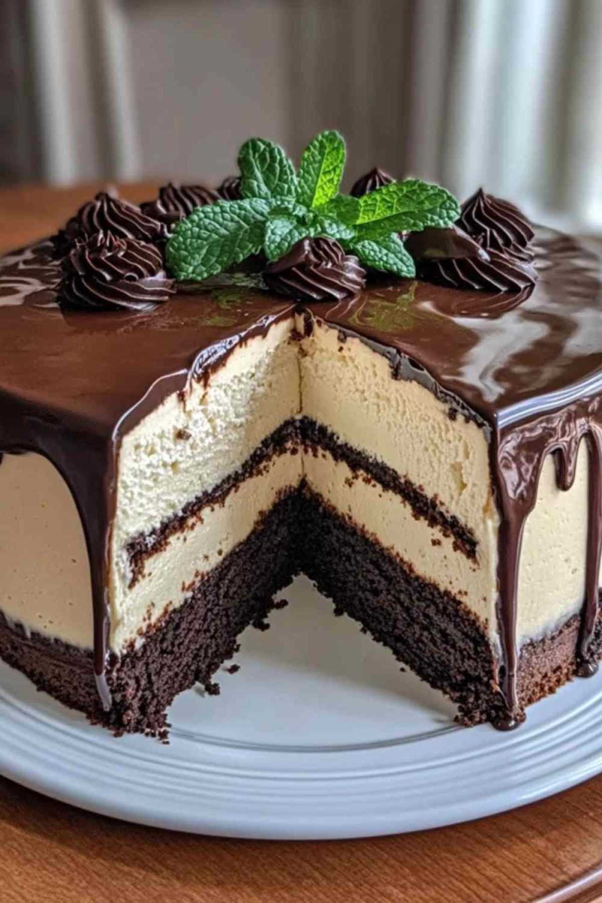 Doorsnede van chocolade-munt cheesecake met duidelijk zichtbare drie lagen