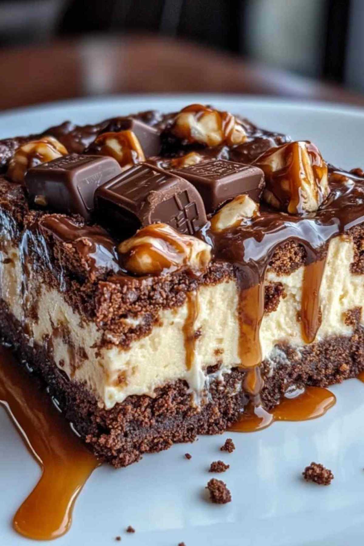 Zelfgemaakte brownies met caramel-cheesecake en Milky Way op een houten serveerbord