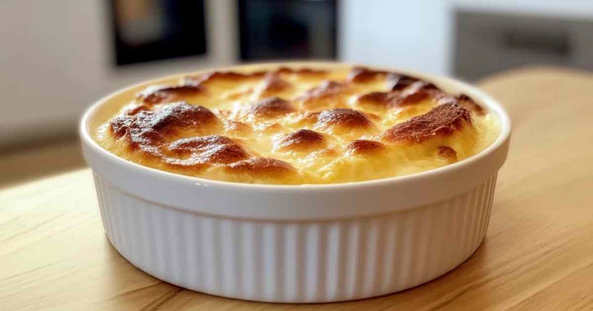 Oudduitse broodpudding met vanillesaus geserveerd in een vintage schaaltje